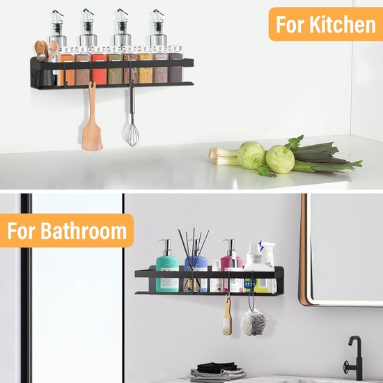 doucheplank zonder boren, 2 stuks roestvrijstalen douchemand met 4 haken, badkamerplank, roestvrije zwarte doucheplank voor badkamer en keuken. Laadvermogen ruim 15KG