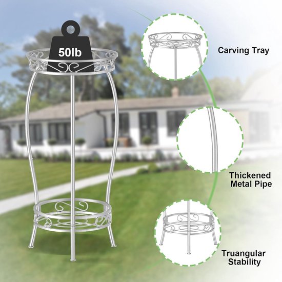 Plantenstandaard, metaal, 69 cm, bloemenstandaard, plantenstandaard, 2-traps bloempothouder, voor binnen en buiten, zilver
