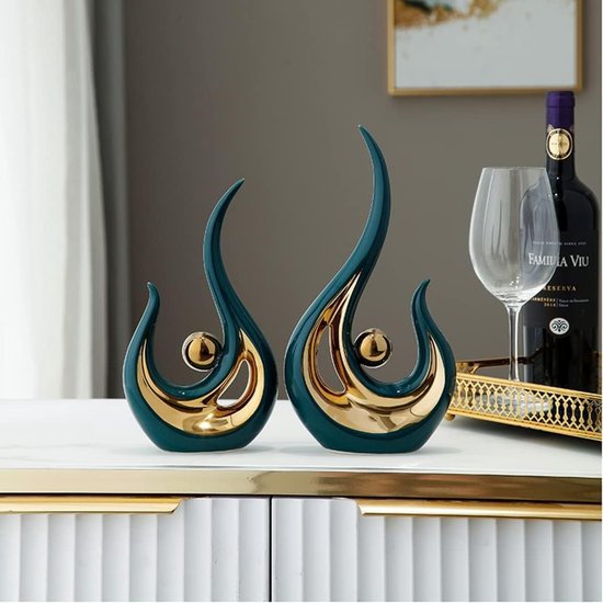 Stijlvolle keramische sculptuur, huisdecoratie voor de moderne woonkamer, abstracte sculptuurdecoratie, decoratie voor de slaapkamer, tafeldecoratie voor kantoor, sculpturen en beelden, groen, 2 stuks.