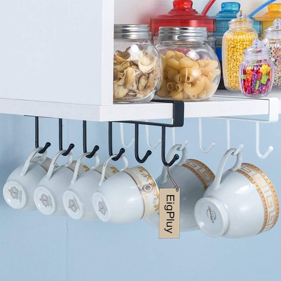 Set van 2 bekerhouders bekers wijnglazen opberghaken keukengerei stropdassen riem en sjaal ophanghaak rekhouder onder kast kast zonder boren (wit)