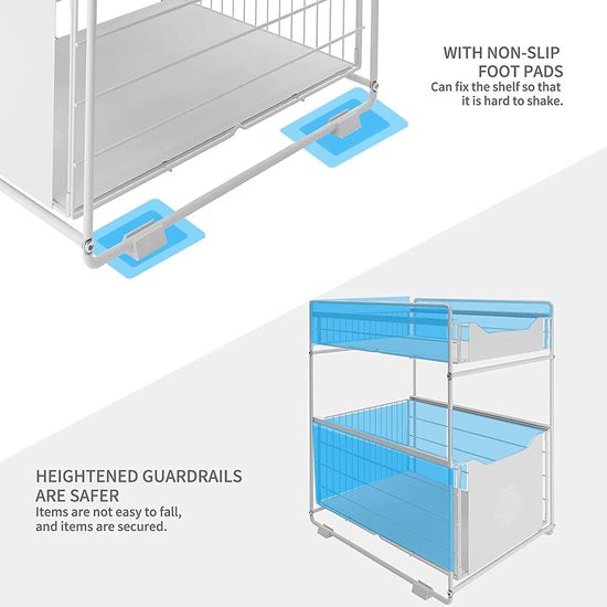 2 Tier Onder Sink Lade Organizer Schuifkast Uitschuifbare Mand Kruidenrek Snack Organizer voor Keuken Badkamer Slaapkamer Teller Pantry Kantoor Wit