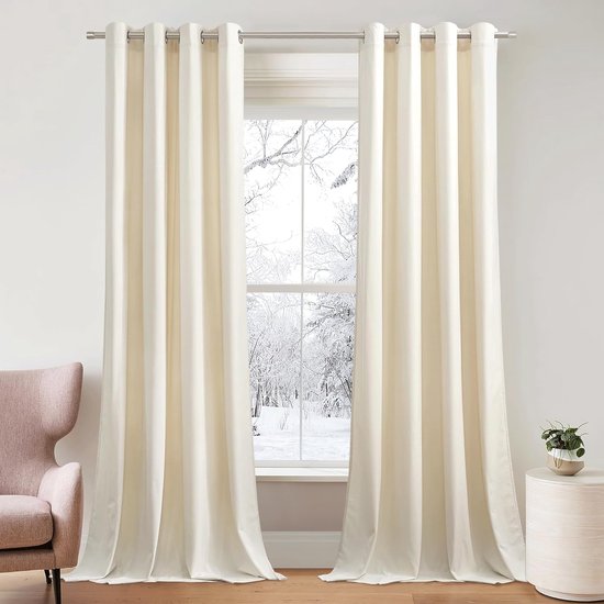 Fluwelen Gordijnen voor de Woonkamer thermische gordijnen tegen de kou, gordijn met ringen, set van 2, H 260 x B 132 cm, ondoorzichtige gordijnen, fluweel, crème (300 g/m²), zware fluwelen.