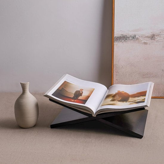 boekenstandaard | Acaciahouten kruisstandaard, displaystandaard, boekenhouder, leesboekenhouder, tijdschriftenstandaard, kookboekenhouder, muziekstandaard, stabiele open boekendisplay (zwart)