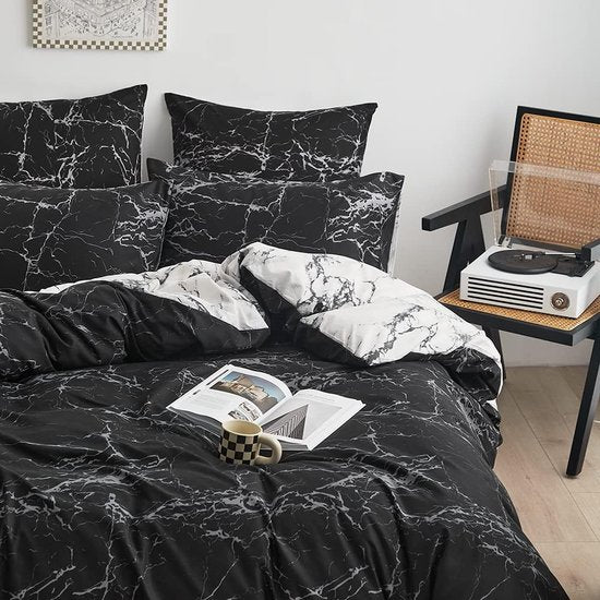 Marble beddengoedset, 2 stuks, wit met bedovertrek trek 155 x 220 cm + kussenlus 80 x 80 cm, voor dames en hier, eenpersoonsbed, omkeerbaar bedovertrek trek, comfortabel