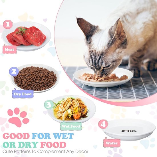 Voederbak voor katten, keramiek, 3 stuks brede platte kattenvoerborden, met 3 antislip matten, voederbak, kattenbak, antislip set, platte schalen voor kittens en kleine dieren