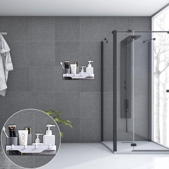 2 stuks badkamerrekken, doucheplank, zonder boren, wandrek, badkamer, zelfklevend, doucheplank, plastic douchemanden met 4 haken, badkamerrek, badkamerrek, zonder boren, plank voor