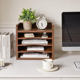 Houten bureaublad, 4 niveaus in het vak, A4-formaat, archiefhouder, magazijn, organizer, papieropslag, kantoor, bureau, netjes aktenhouder, rek, bruin