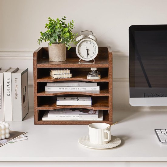 Houten bureaublad, 4 niveaus in het vak, A4-formaat, archiefhouder, magazijn, organizer, papieropslag, kantoor, bureau, netjes aktenhouder, rek, bruin