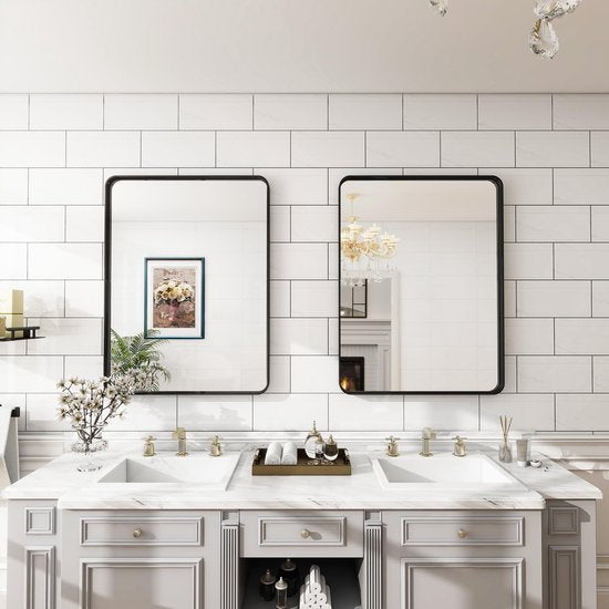 wandspiegel, 75 x 50 cm luxe high-end ronde hoek badkamerspiegel, wandspiegel, horizontaal of verticaal opgehangen, zwart wandspiegel, 75 x 50 cm luxe high-end ronde hoek badkamerspiegel, wandspiegel, horizontaal of verticaal opgehangen, zwart