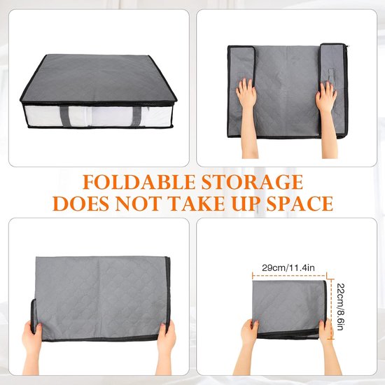 Opbergdoos, 2 stuks, opvouwbare onderbedcommode met kijkvenster en 4 handgrepen, 60 x 45 x 15 cm, kledingopslag voor kleding, dekens, dekbedden