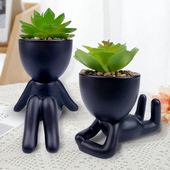 Set van 2 kunstmatige vetplanten, mini-kunststof nepplanten, kunstplanten met creatieve potten in menselijke vorm, kleine kunstmatige kamerplant, mini-kunstplanten, kunstplant