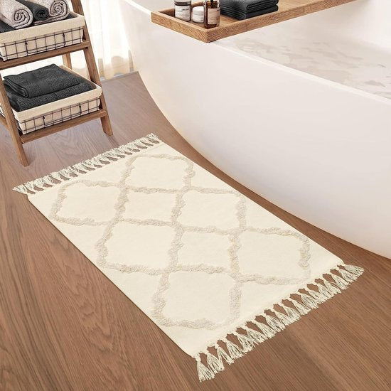 Klein tapijt 60 x 90 cm, boho beige getuft katoenen tapijt met geweven kwastjes, wasbaar tapijt voor badkamer, keuken, woonkamer, slaapkamer, hal, eetkamer