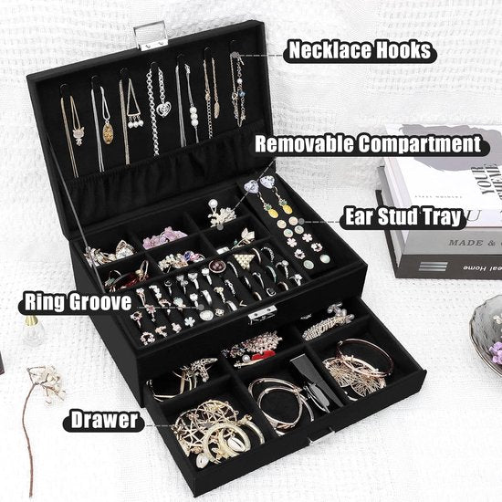 Sieradendoos, sieradenkistje met schuifladen voor dames en meisjes, fluwelen sieradendoosje, grote sieradenorganizer voor ringen, oorbellen, armbanden, halskettingen, zwart