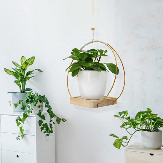 Macramé plantenhangers, 2 stuks, gouden bloempotophanghaakjes, boho, hangende planten, houten hanglampen voor binnen, buiten, tuin, balkon, raam