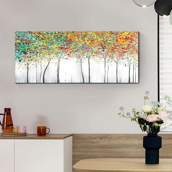 Houten frame grote canvasfoto's 120x50cm abstract kleurrijke boombloesem afbeelding op canvas muurkunst moderne wandafbeeldingen XXL kunstdruk decoratie voor woonkamer slaapkamer klaar om op te hangen