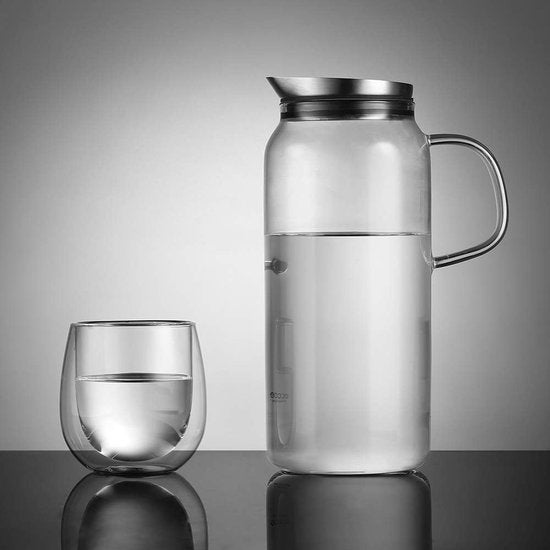 Glazen karaf 1500 ml (volledige capaciteit) glazen kan van borosilicaatglas waterkan met roestvrijstalen deksel karaf glazen kan