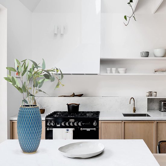 Decoratieve Bloemenvaas Blauw Goud Bloemenhouder Woondecoratie Inwijdingsfeest Geschenk Diamantpatroon Brede Basis Smalle Nek Woonkamer Eetkamer Hal Slaapkamer