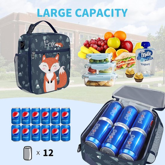 Fuchs geïsoleerde lunchtas voor kinderen, met flessenhouder, blauwe koeltas, klein, draagbaar, voor jongens en meisjes