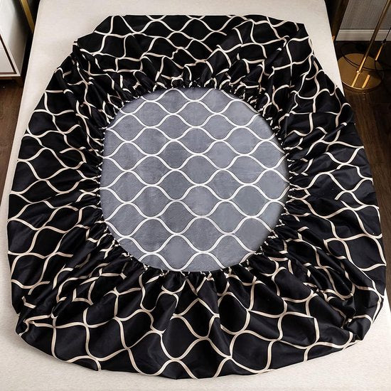 Hoeslaken, 200 x 200 cm, zwart geometrisch roosterpatroon hoeslaken, zacht microvezel boxspringlaken geschikt voor matrassen van 30 cm