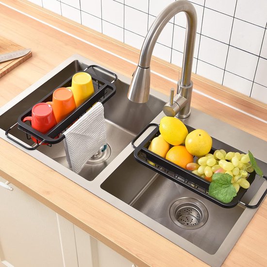 Afvoerbak, verstelbaar droogrek met vaatdoek, bar, instelbaar via de gootsteen, organizer voor keuken, roestvrij sponshouder organizer (1 niveau)