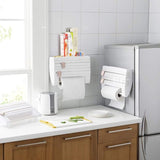 Wandrolhouder, 3-vaks keukenrolhouder, keukenrolhouder, papieren handdoekhouder, foliesnijder, keukenrol, vershoudfolie met opbergruimte voor specerijen (wit)