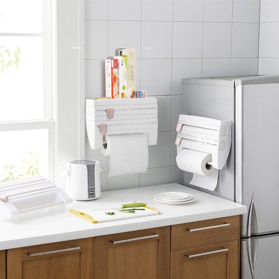 Wandrolhouder, 3-vaks keukenrolhouder, keukenrolhouder, papieren handdoekhouder, foliesnijder, keukenrol, vershoudfolie met opbergruimte voor specerijen (wit)