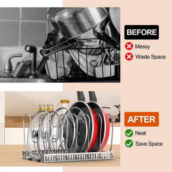 pannenhouder voor lade, uitbreidbare potdekselhouder met 7 verstelbare verdelers, potdeksel opbergpan organizer dekselhouder voor keuken, zilver