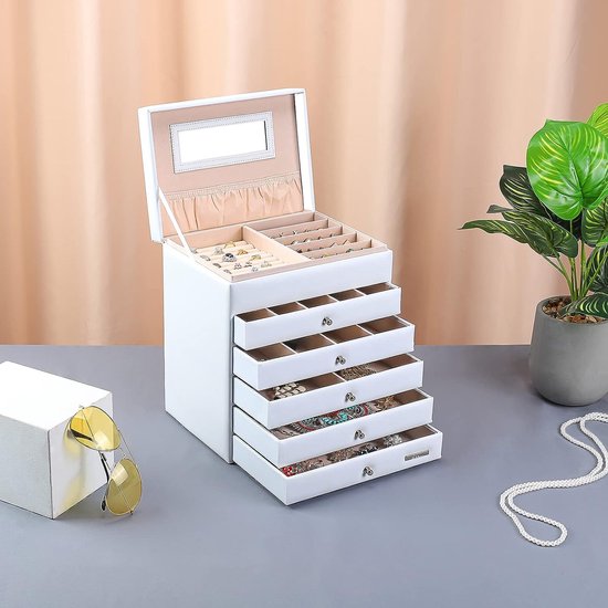 Seelux make-up-doos, sieradendoos, verkrijgbaar in verschillende maten, zwart-wit, wit, 5 schuiflades