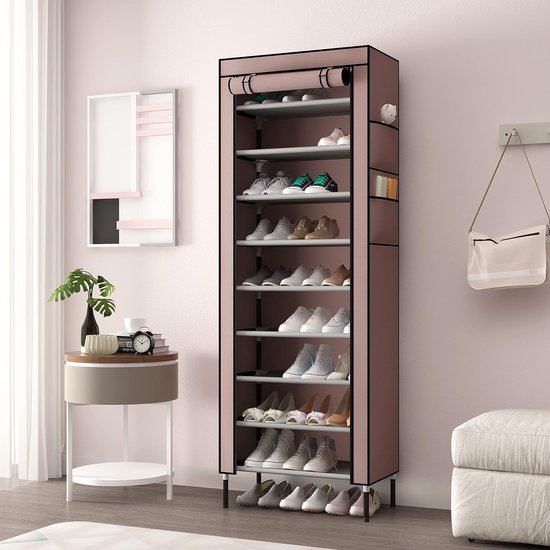 10 etages, 16 mm, extra dikke stangen, stabiele schoenenkast, organizer, standaard, 58 x 28 x 170 cm, met extra dik Oxford-weefsel, stofdichte afdekking houdt tot bruin