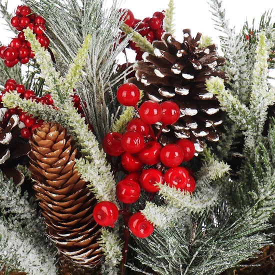 Decoratief bloemstuk Kerstmis - kleine winterse tafelversiering in schors pot met rode bessen, decoratieve sneeuw, kegels - leuke tafeldecoratie voor de adventstijd (1 stuk - 25 cm - rode