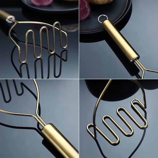 Gouden aardappelstamper, roestvrijstalen hoogwaardige metalen aardappelreicer met titanium vergulding, voedselstamper gebruiksvoorwerp, handstamper, groentefruit puree, vaatwasmachinebestendig (9,6 inch)