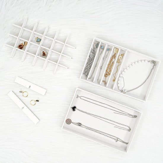 Sieradenbak-organizerset met 4 sieradenkommen, stapelbare sieradenlade-organizer, sieradeninzet sieradenopslag voor kettingen, armbanden, oorbellen, ringen, horloges - warm wit