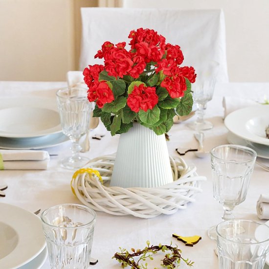 2 bundels kunstbloemen, bloemen geranium decoratieve weerbestendige kunstplanten namaak plastic UV-bestendige bloemen voor bruiloft thuis patio feest tuin tafel decor (rood)