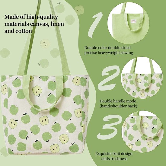 Dubbelzijdige linnen tas van katoen en linnen, stoffen tas, boodschappentas, katoenen schouderriem, dubbele draaggreep, canvas, messenger bag voor dames, kinderen (groene appels, 31 x 10 x 31 cm)
