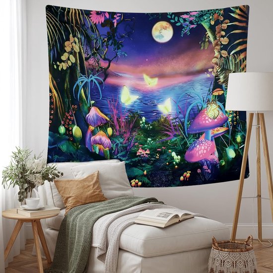 Blacklight Mushroom wandtapijt, melkweg, maan, wandtapijt, uv-reactieve poster, plant, landschap, wandtapijt, vlinder, esthetisch wandkleed voor slaapkamer, woondecoratie