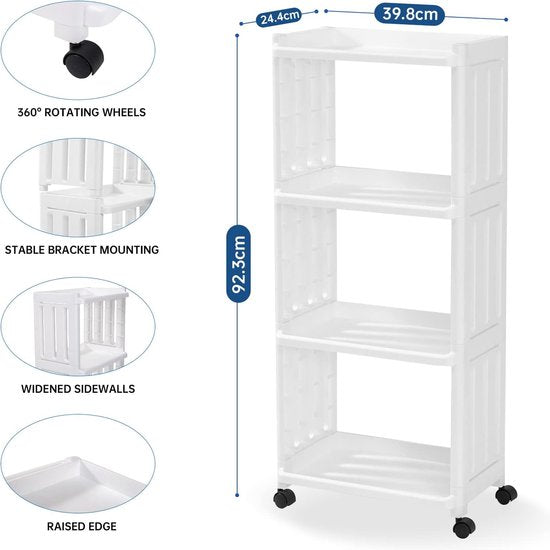 Rolwagen, keukentrolley, 4 niveaus, niswagen met haken, rolrek, badkamerrek, keukenrek, stabiel, ruimtebesparend, hoge capaciteit, 39,8 x 24,4 x 92,3 cm