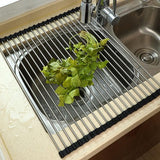 Roestvrij stalen afdruiprek, afdruiprek, afdruiprek, oprolbaar afdruiprek, inklapbaar en afneembaar, voor keuken, spoelbakken, fruit, groenten (43 x 40 cm)