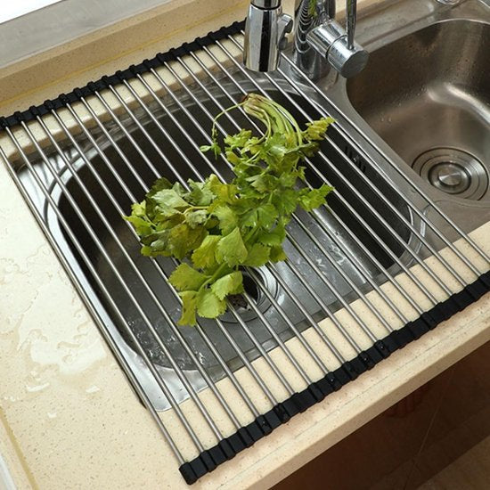 Roestvrij stalen afdruiprek, afdruiprek, afdruiprek, oprolbaar afdruiprek, inklapbaar en afneembaar, voor keuken, spoelbakken, fruit, groenten (43 x 40 cm)