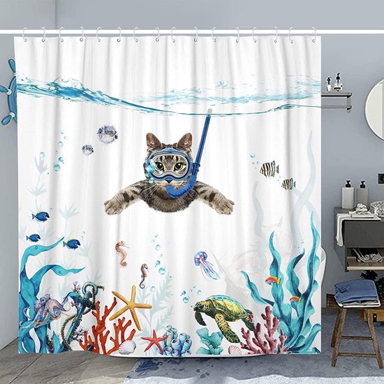 Shower Curtain Diving Cat Ocean Print Turtle Fish Starfish Waterproof Bath Curtain Durable Polyester 180 x 180 cm Modern Bathroom Decoration Accessories Comes with 12 Shower Curtain Rings