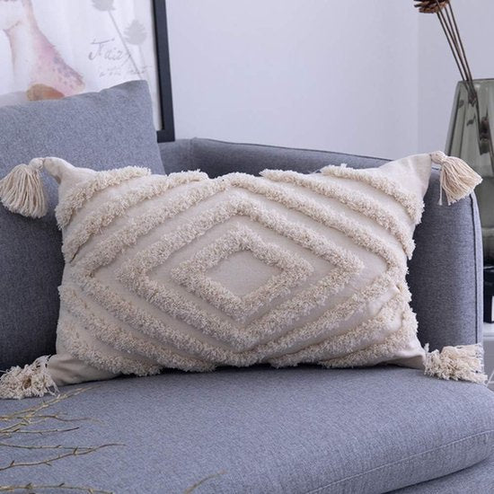 Decoratieve kussenhoes met kwastfranjes, boho, super zachte kussenhoezen, kwastjes voor bank, slaapkamer, woonkamer, 30 x 50 cm, beige