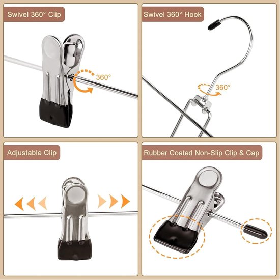 Broekhanger, ruimtebesparend, metalen broekhanger, klemmen, set van 2, broekkleerhangers van metaal, met verstelbare klemmen, antislip, voor broek/rokken, zwart (2 stuks)