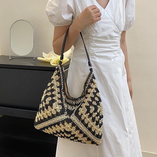 Strotas strandtassen voor dames, boho stro-schoudertassen, stro handtas dames basttas zomer mandtassen stro mesh tas voor strand zwembad beroep