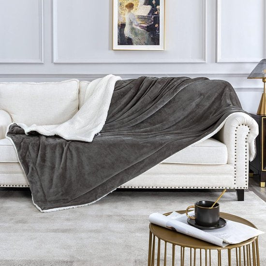 Bankdeken, knuffeldeken, 160 x 210 cm, warme Sherpa-bank, werpdeken, dikke bankdeken, bankdeken, pluizige deken voor bank, donkergrijs