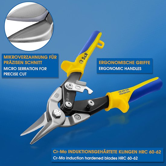 S&R - Blikschaar Aviation-Serie 250mm - CrMo-Staal - Hebelwirkung - Geschikt als Kabelschaar - Metaalschaar - ideaal voor carrosseriebouw - gipsplaat - plaatbewerking - doorloopschaar met hefboomwerking