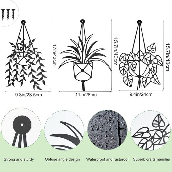 Set van 3 metalen vaas bloemen muur kunst decor, bloem in vaas plantenpot muur kunst sculptuur hangende wanddecoratie, metalen vaas bloemen bord voor slaapkamer badkamer keuken buiten binnen (zwart)