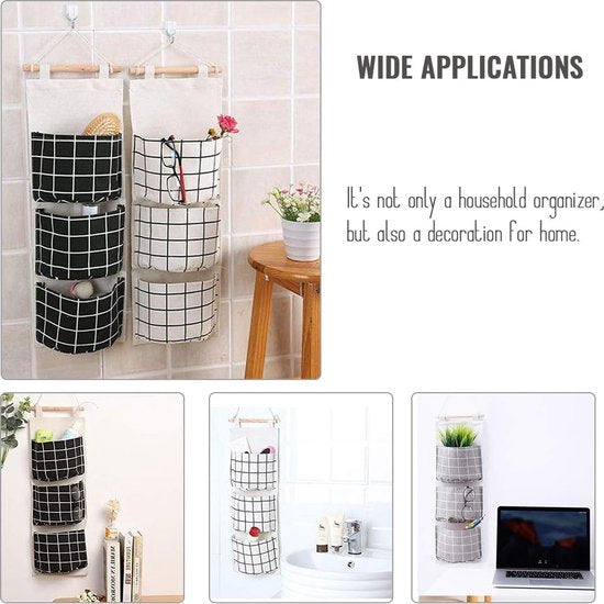 3-delige hangende opbergtas, opvouwbare linnen stof muurhangende manden organizer met 3 zakken voor kinderkamer badkamer (zwart/grijs/wit)