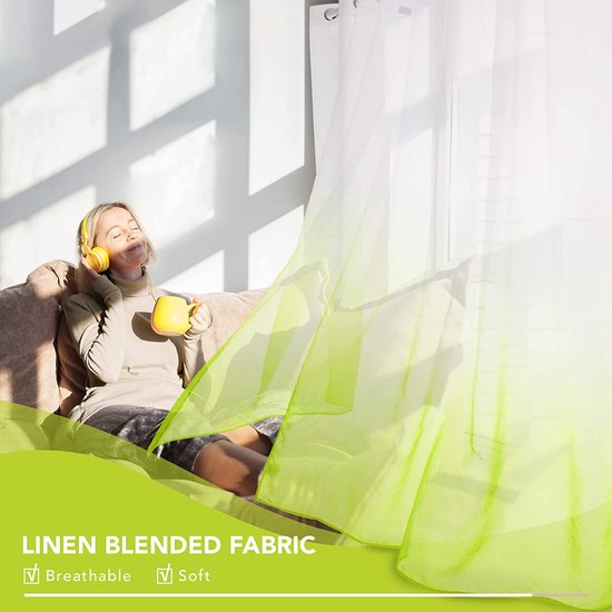 Voile Helder Groen Gordijnen met Ringen 140 x 270 cm(Breedte x Hoogte), Kleurverloop Semi-Clear Transparante Gordijnen voor Woonkamer Slaapkamer Kinderkamer, Set van 2