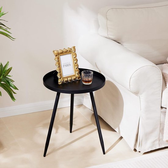 Bijzettafel van metaal, rond, diameter 41 cm, hoogte 49 cm, woonkamertafel met beschermende rand, Scandinavische stijl, dessert, banktafel voor woonkamer, slaapkamer, zwart/zwart