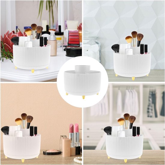 Make-up organizer, 360° roterende borstelorganizer Kaptafelorganizer, 5 compartimenten Cosmetische organizer Oogschaduwborstel Lippenstifthoes voor kaptafel, slaapkamer, badkamer, Wit