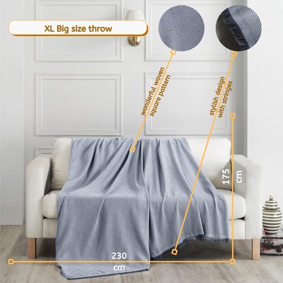 ElfRoutes Sofa Throws & Bed Throws - Zeer grote worpen (175x230 cm) - 100% Katoen Grote Plaws voor Settees - Plaws voor Tweepersoonsbed - Plaids voor Fauteuils - Boho Throws voor Banken - Grijs